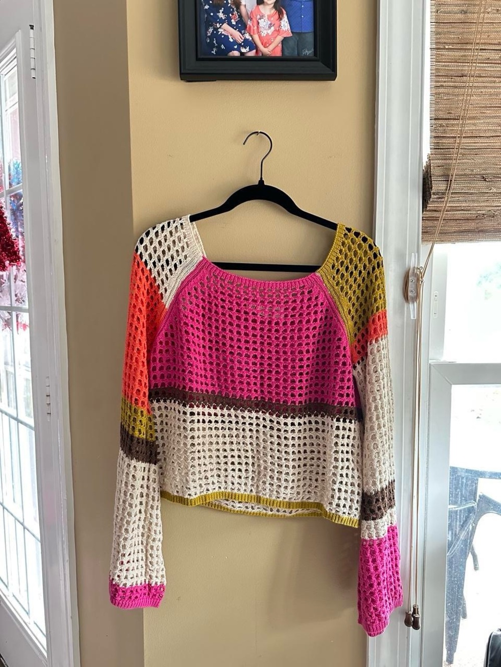 Colorblock Crochet Open-Knit Sweater - Pink & Cream